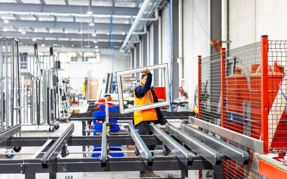 Perfect Windows and Doors worker carrying a window frame onto machinery.